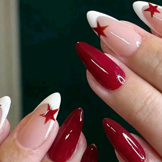 Starry Night Long Almond Red and White Press On Nail Set with Unique Star Accents