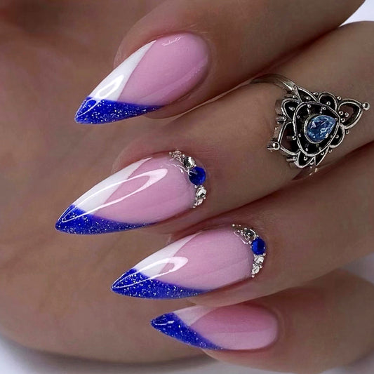 Starry Night Long Stiletto Glitter Blue and Pink Ombre Press On Nails with Rhinestone Accents