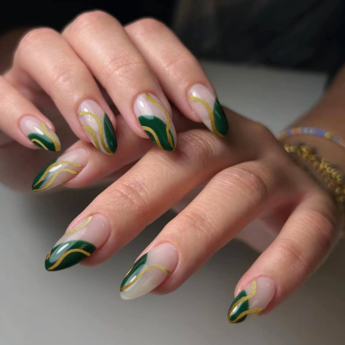 Enchanted Garden Long Length Almond Shape Green and Gold Swirl Press On Nail Set