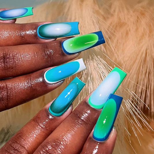 Tropical Oasis Long Coffin Shape Blue and Green Ombre Press On Nail Set with Glow in the Dark Feature