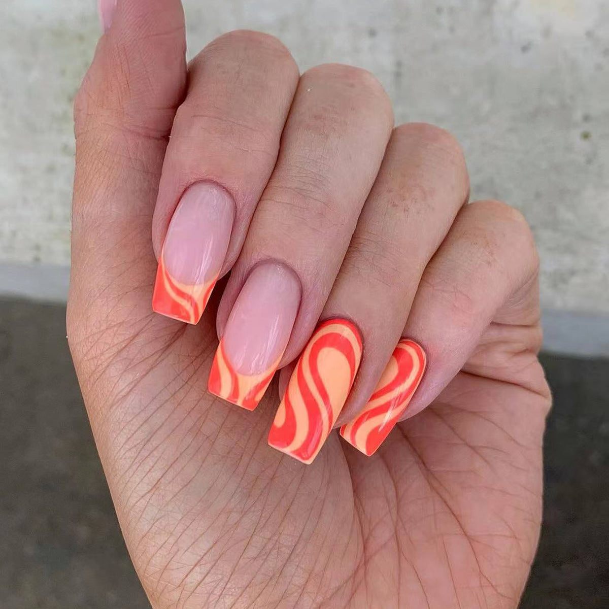 Summer Flame Long Coffin Orange Swirl Press On Nail Set with Accent Nail Design