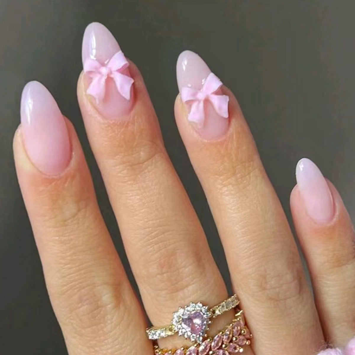 Sweet Pastel Dream Almond Pink Press On Long Nail Set with Charming Bow Accents