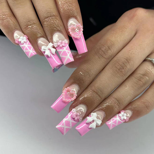 Sweet Pink Princess Long Square Press On Nail Set with Three Dimensional Flowers and Bows