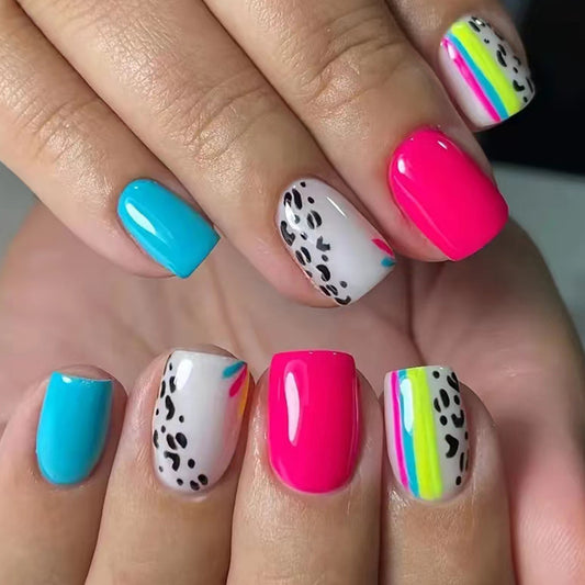 Vibrant Animal Print Square Press On Nails Set Medium Colorful Shades with Unique Neon Accents