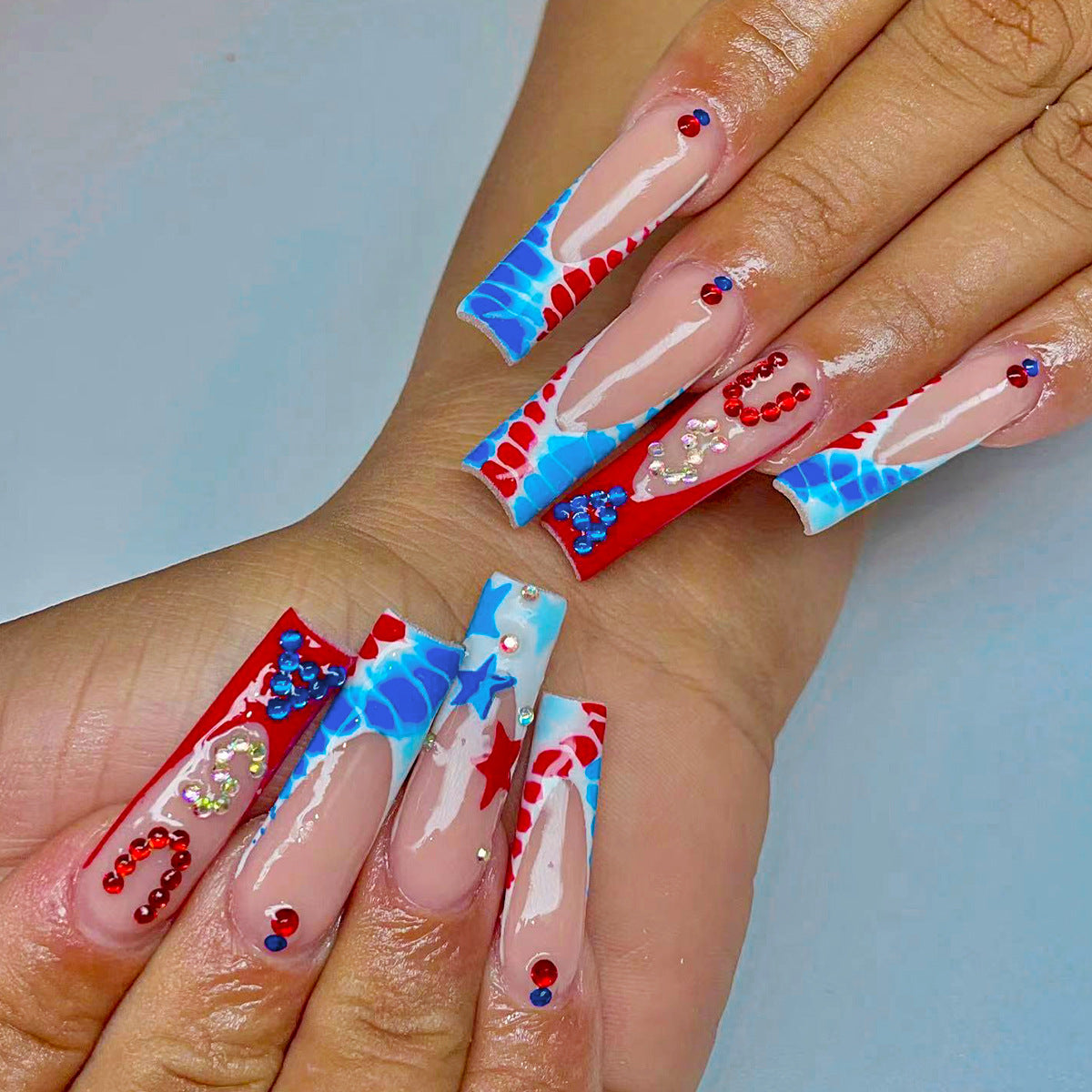 Summer Splash Long Square Red and Blue Press On Nail Set with Rhinestone Accents