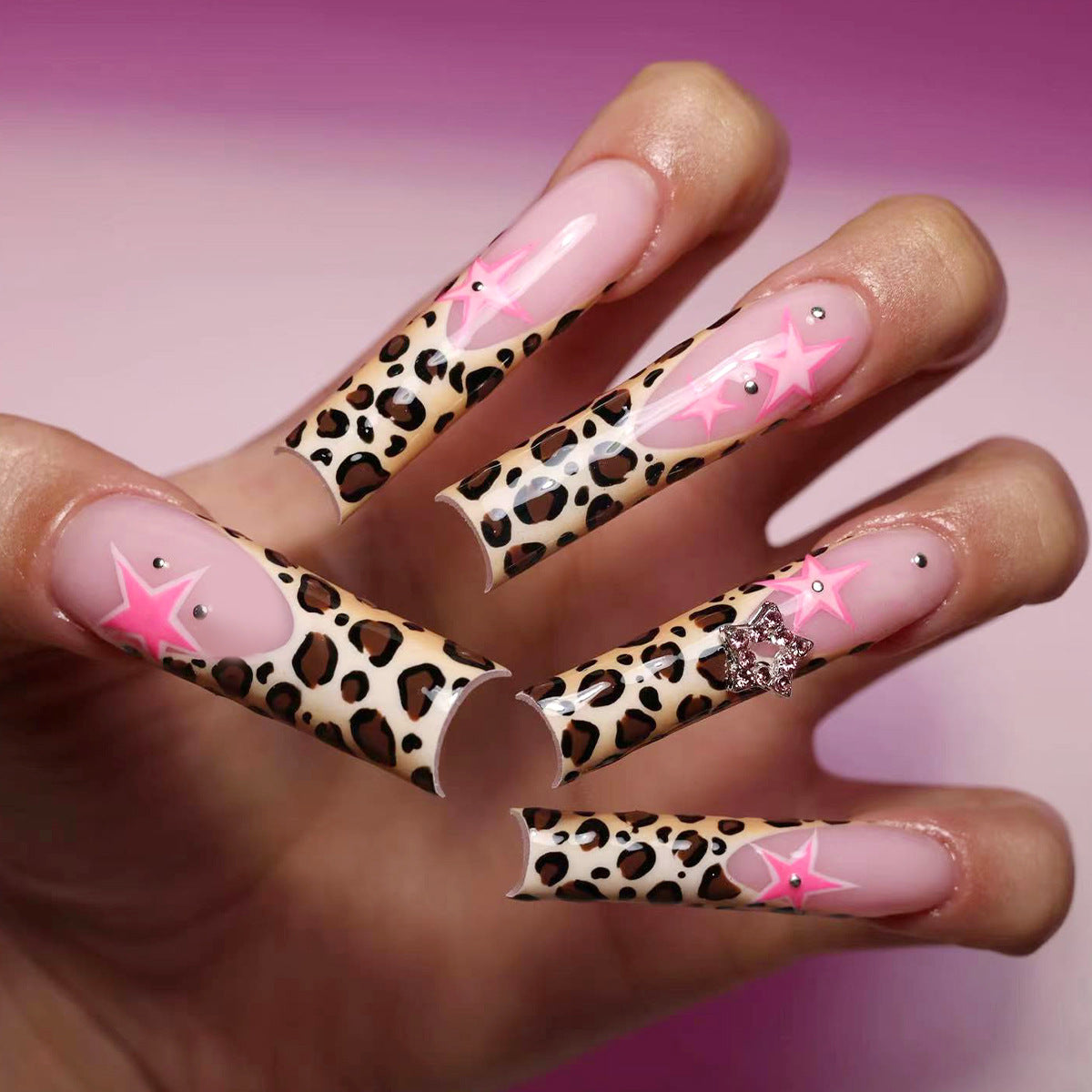 Wild Safari Glam Long Square Press On Nails in Beige Leopard Print with Pink Stars and Sparkling Gems