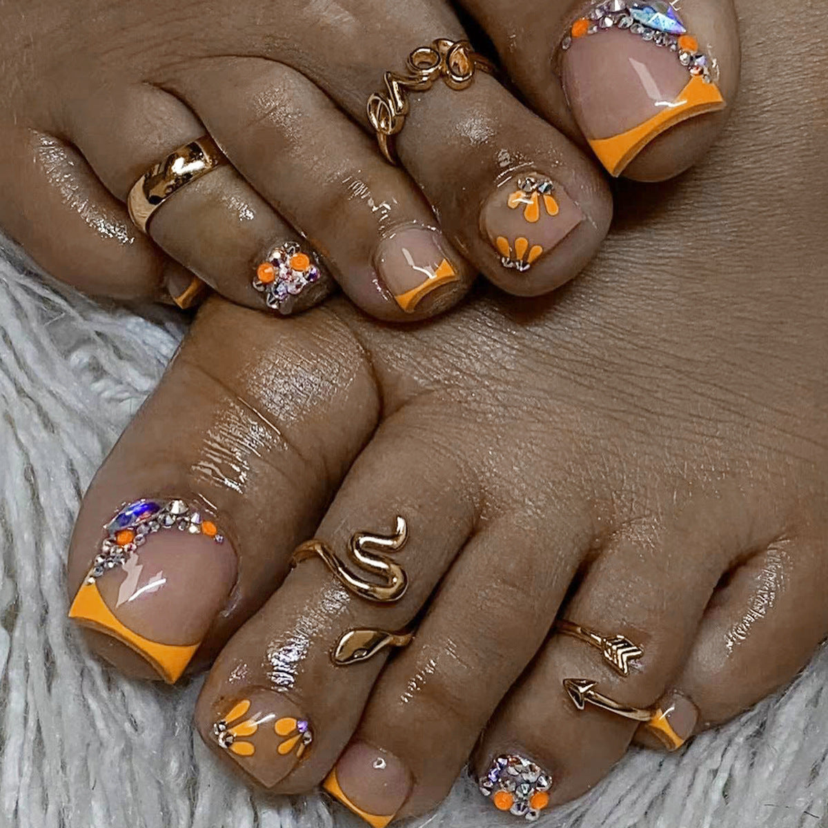 Tropical Vibes Short Square Orange Glitter Press On Nail Set with Floral Accents