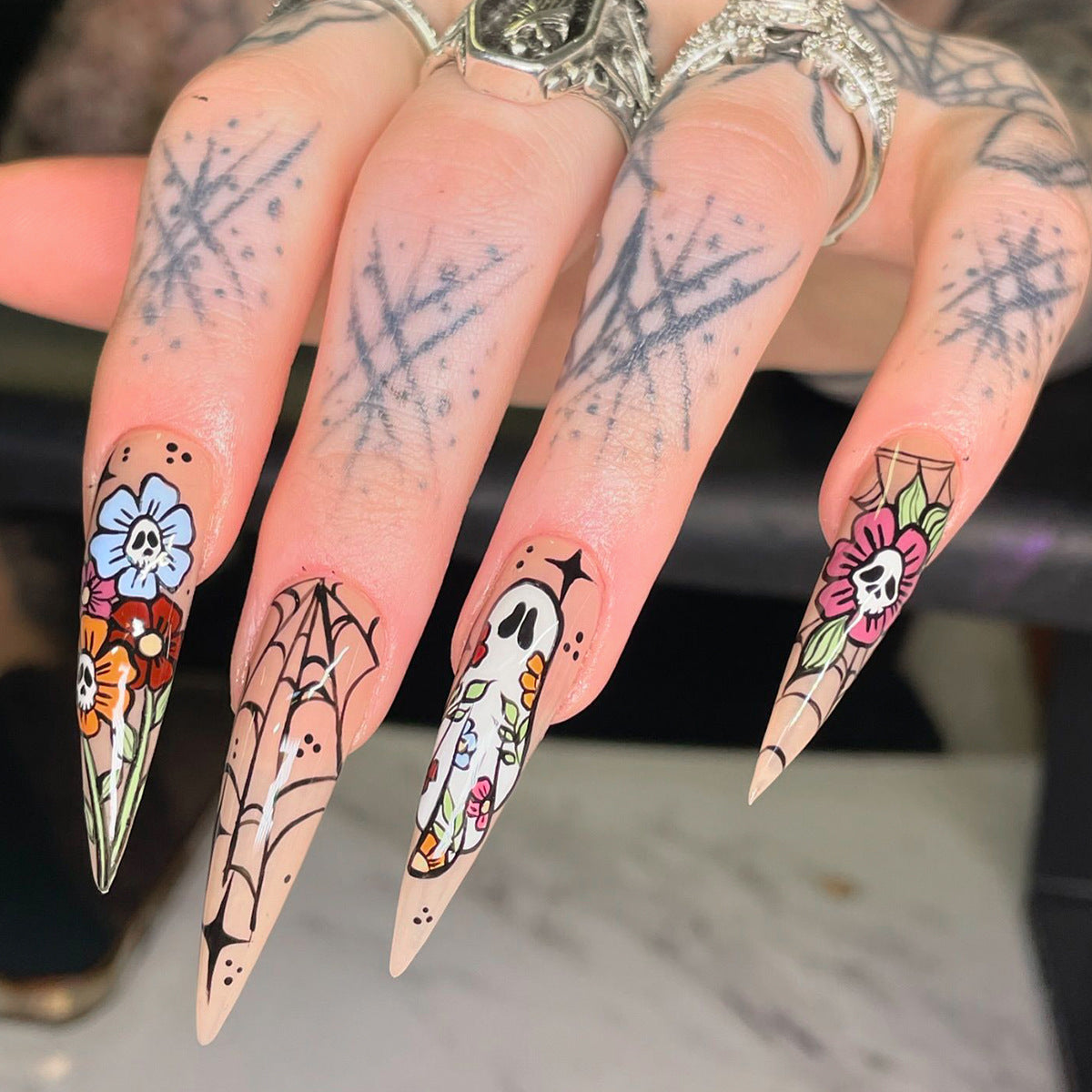 Halloween Vibes Long Stiletto Beige Press On Nail Set with Colorful Floral and Skull Design