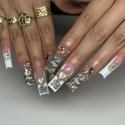 Glamorous Elegance Long Square Press On Nail Set in Pink White and Gold with Heart and Gemstone Accents