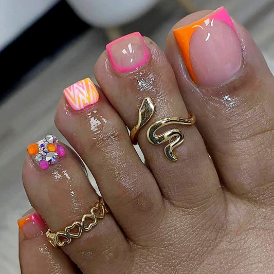 Tropical Vibe Square Press On Nail Set Short Length Pink and Orange with Glitter Accent