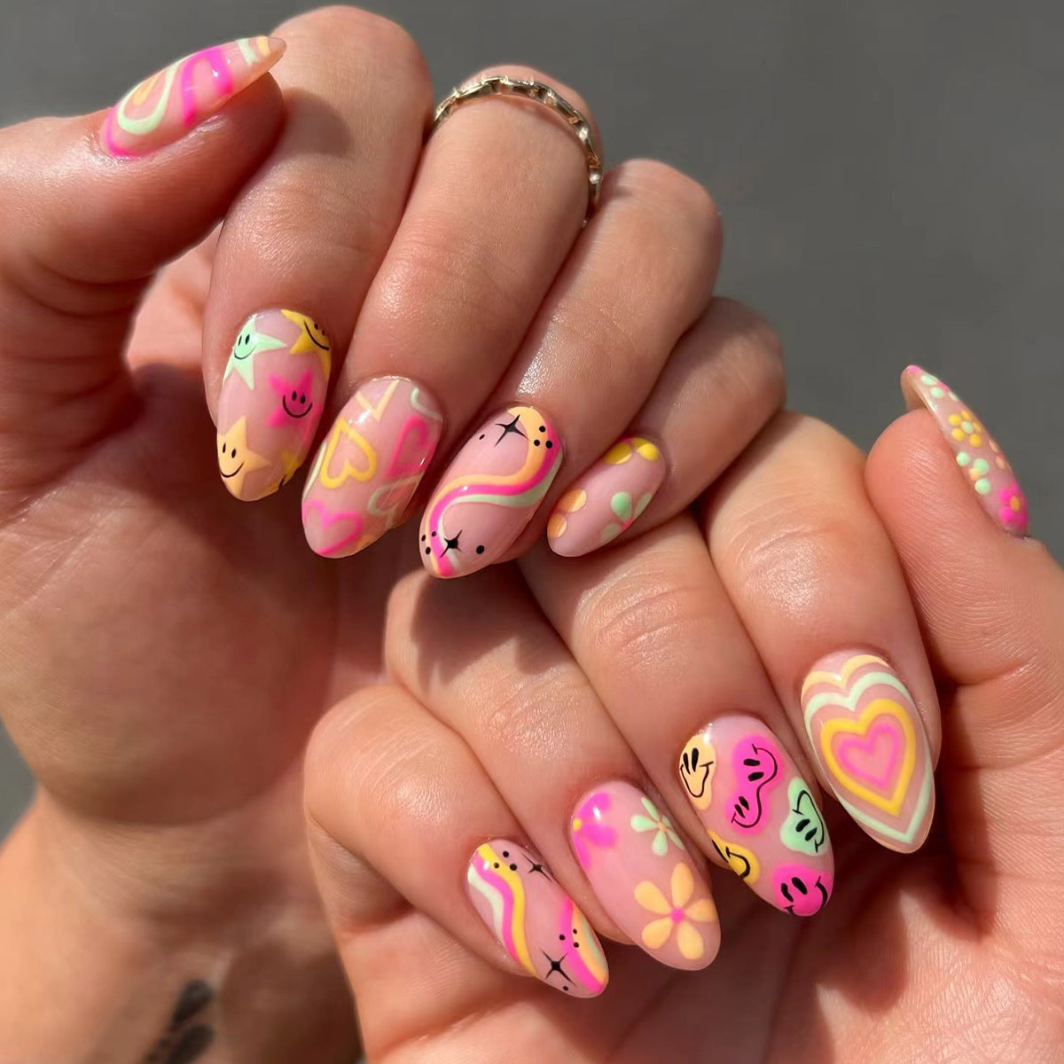 Vibrant Summer Fun Medium Almond Shape Colorful Nail Set with Unique Hand-Drawn Designs