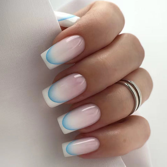 Ocean Breeze Long Square Press On Nail Set in Soft Pink and Blue Ombre with Glossy Finish