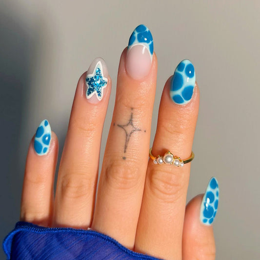 Ocean Breeze Long Almond Blue Press On Nail Set with Glitter Star Accent