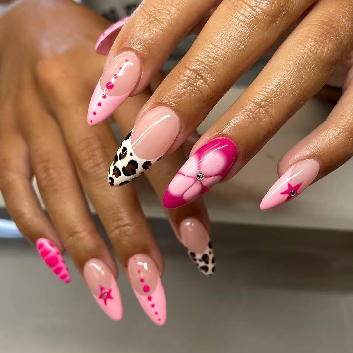 Glamourous Pink Stiletto Press On Long Nail Set 12 Long Pointed Glossy Pink and Leopard Print with Rhinestones and Floral Designs