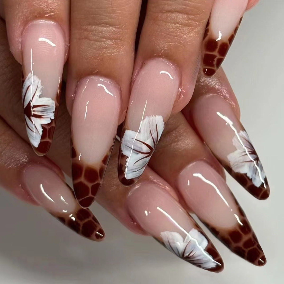 Safari Chic Long Stiletto Press On Nail Set in Blush Pink with Giraffe Print and Floral Accents