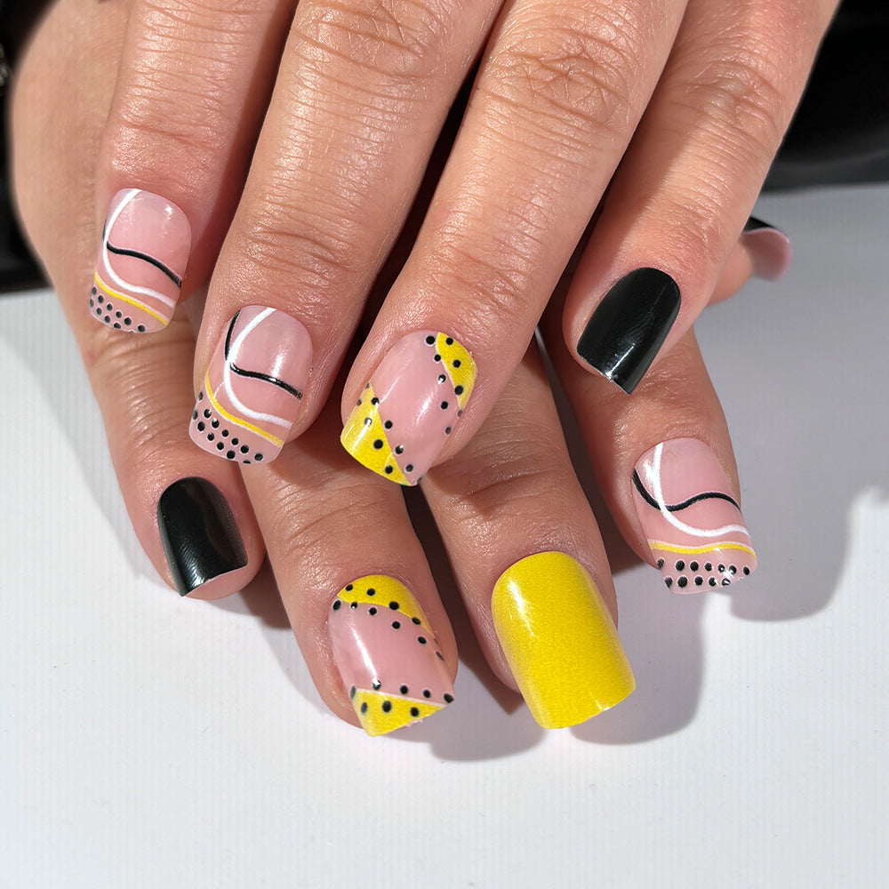 Vibrant Summer Sunshine Medium Square Press On Nail Set in Pink Yellow and Black with Artistic Patterns