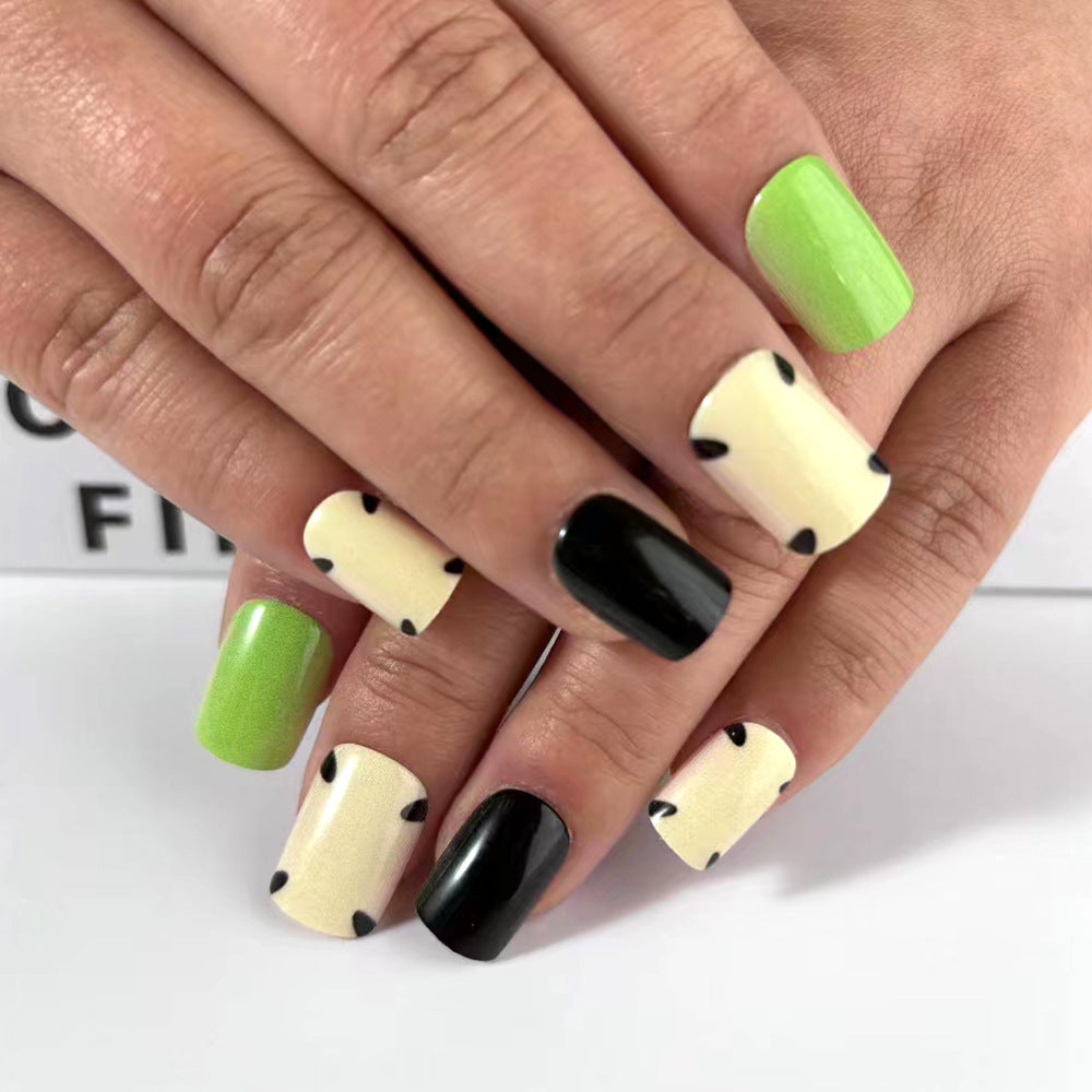 Tropical Paradise Square Medium Green Black and Yellow Press On Nail Set with Polka Dot Design