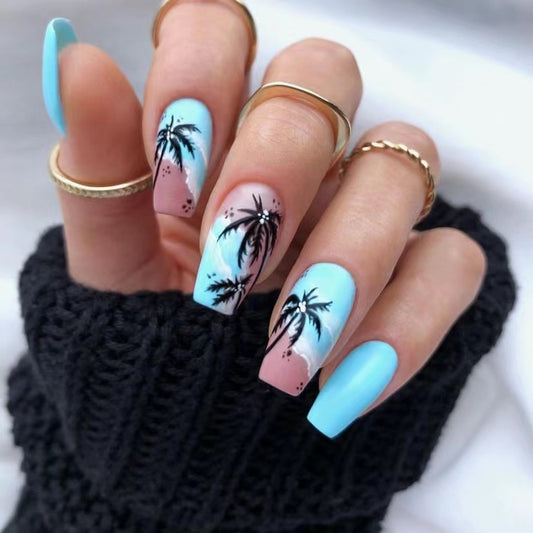 Tropical Paradise Long Coffin Blue and Light Pink Press on Nail Set with Palm Tree Art Design