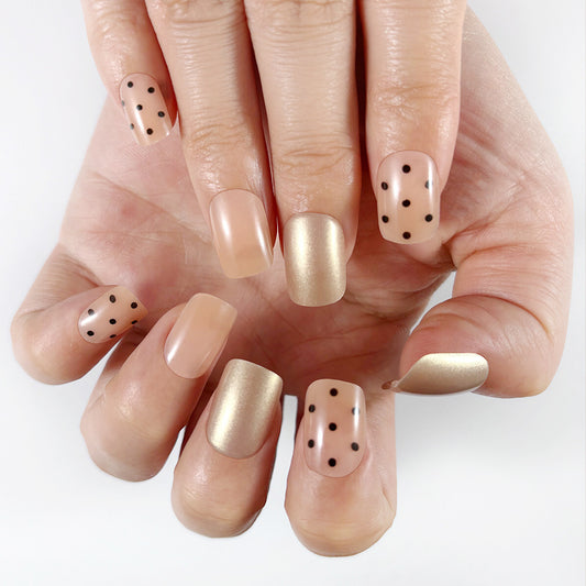 Vintage Glamour Long Square Beige and Gold Press On Nail Set with Polka Dot Design