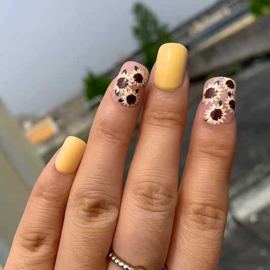 Sunflower Delight Long Square Yellow and Floral Press On Nail Set Perfect for Summer Vibes