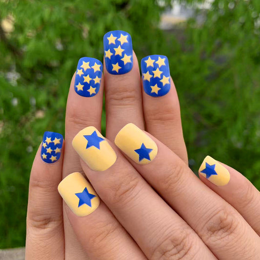 Starry Night Sky Square Press On Long Nail Set in Blue and Yellow with Star Patterns