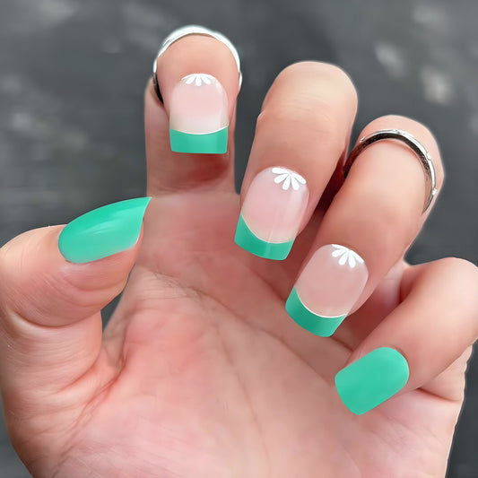 Tropical Paradise Long Square Mint Green Press On Nail Set with Floral Accents