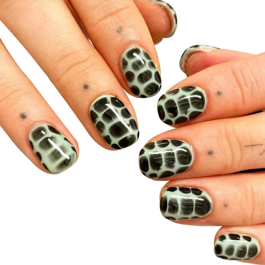 Wild Safari Oval Short Green and Black Cheetah Print Press On Nail Set with Glossy Finish