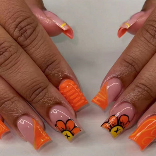 Vibrant Floral Dream Long Square Orange Press On Nail Set with Fun Textured Designs