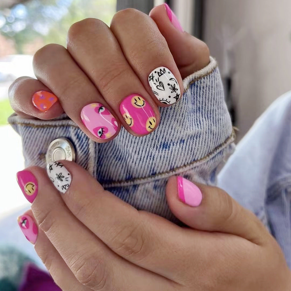 Tropical Vibes Press On Nail Set Short Oval Bright Pink with Fun Illustrations and Smiley Faces