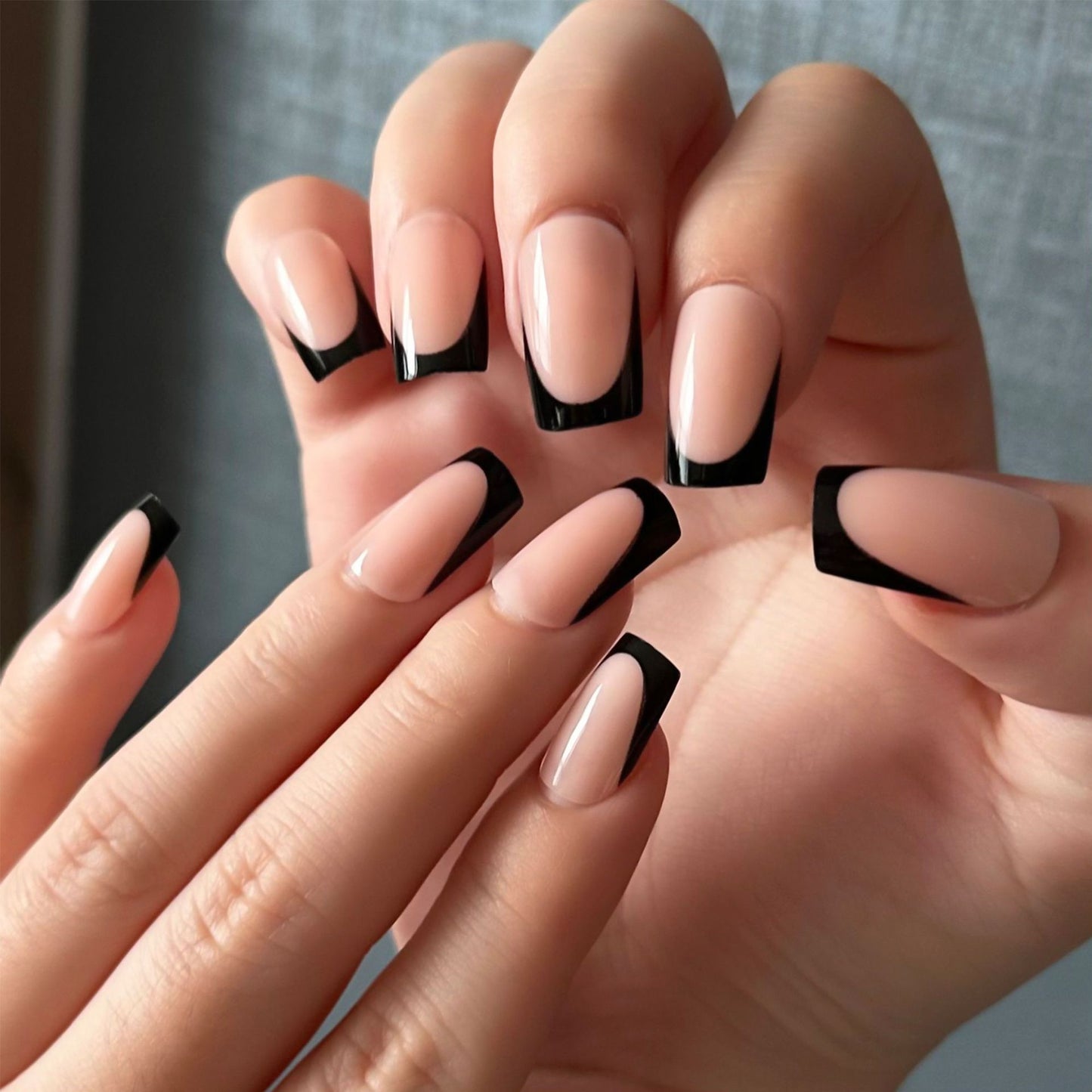 Chic Noir Long Square Press On Nails in Soft Pink with Bold Black Tips for an Elegant Look