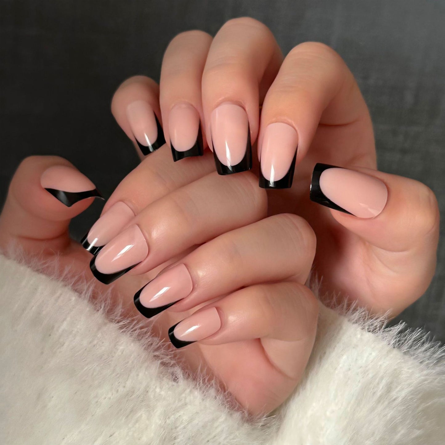 Chic Night Out Long Square Beige and Black Press On Nail Set with Elegant French Tips