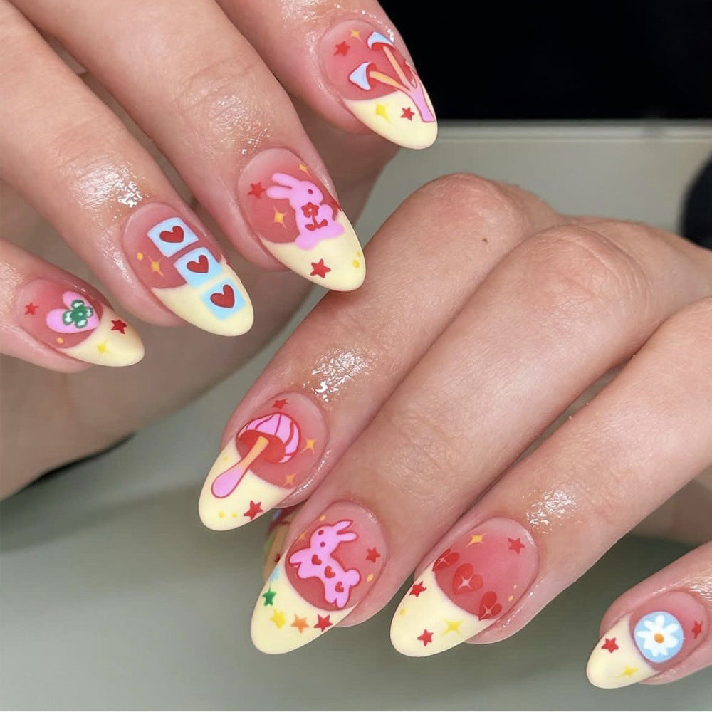 Sweet Springtime Almond Press On Long Nail Set Yellow Ombre with Adorable Character Designs