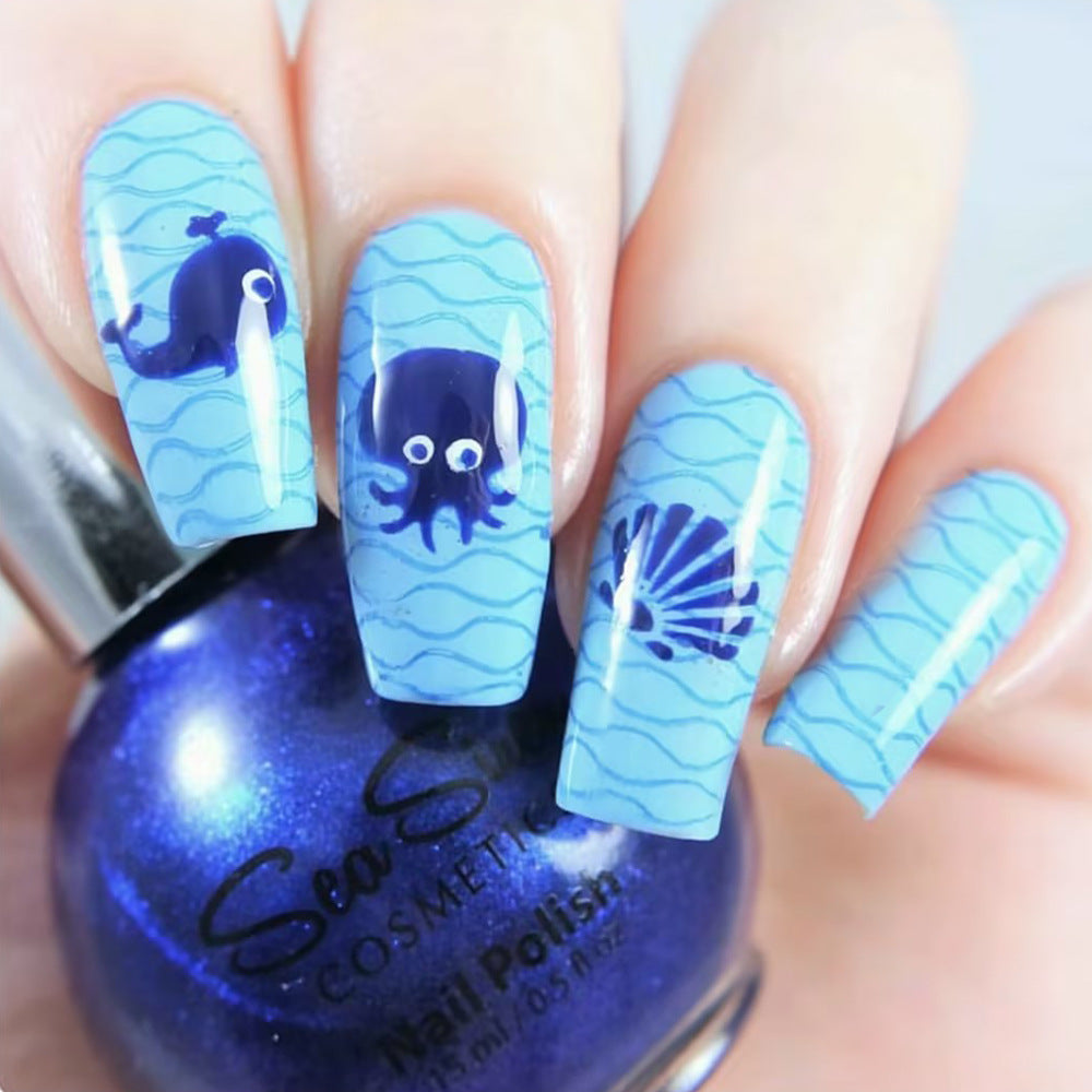 Underwater Wonderland Long Square Blue Marine Themed Press On Nail Set with Ocean Creatures Design