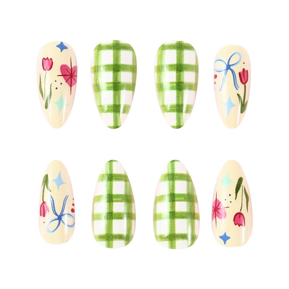 Springtime Garden Inspired Medium Almond Shaped Green Checkered and Floral Press On Nail Set