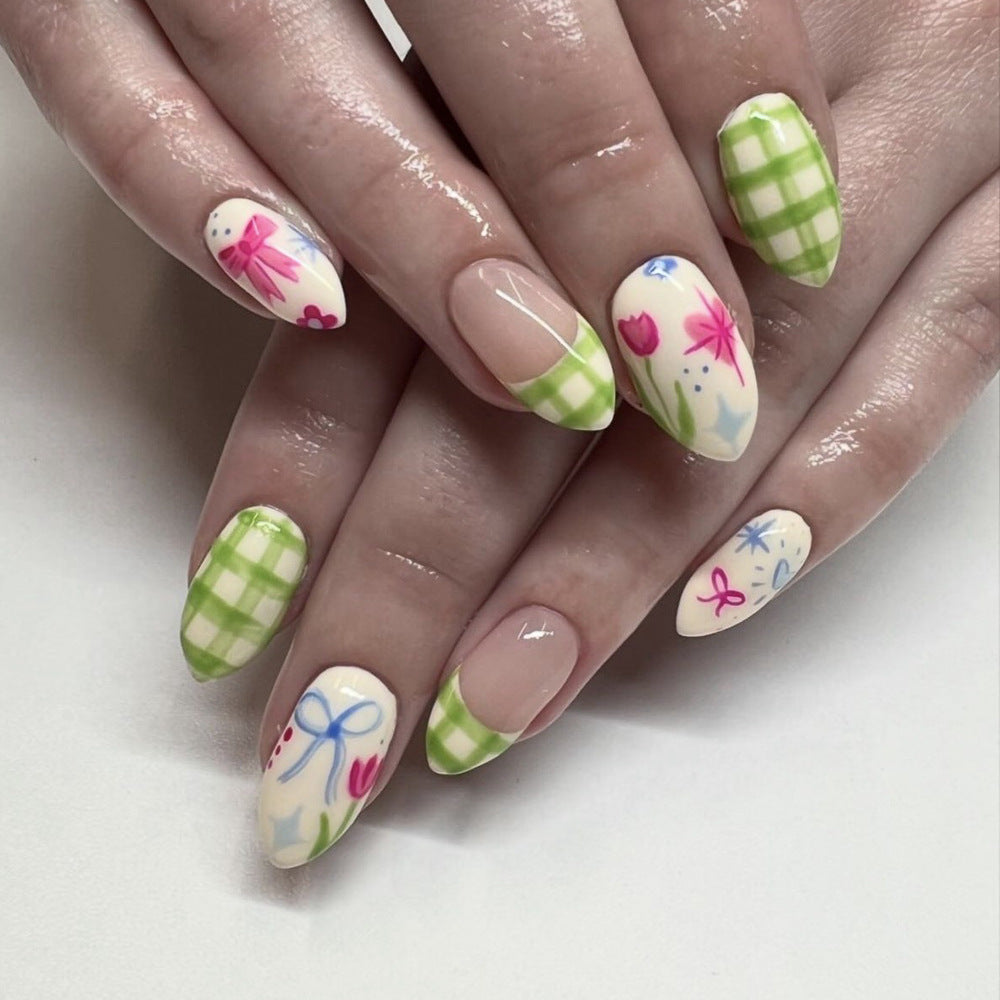 Spring Blossoms Green Gingham Almond Press On Long Nail Set with Floral and Ribbon Art Design