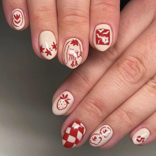 Vintage Garden Inspired Short Almond Shape Beige and Red Press On Nail Set with Whimsical Floral and Animal Designs