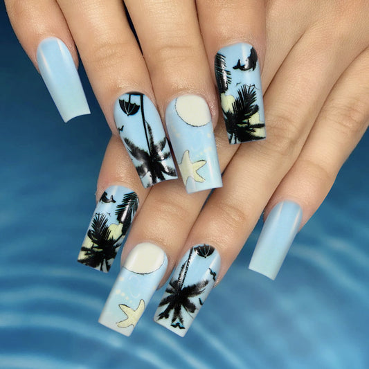 Tropical Paradise Long Coffin Sky Blue Press On Nail Set with Beach Themed Designs