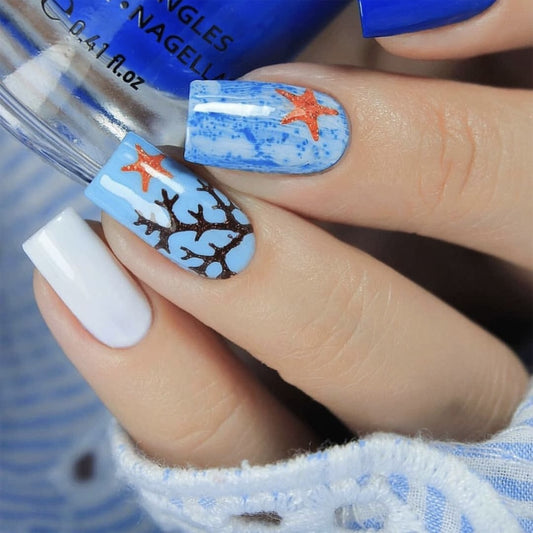 Underwater Paradise Long Square Blue and White Press On Nail Set with Starfish and Coral Design