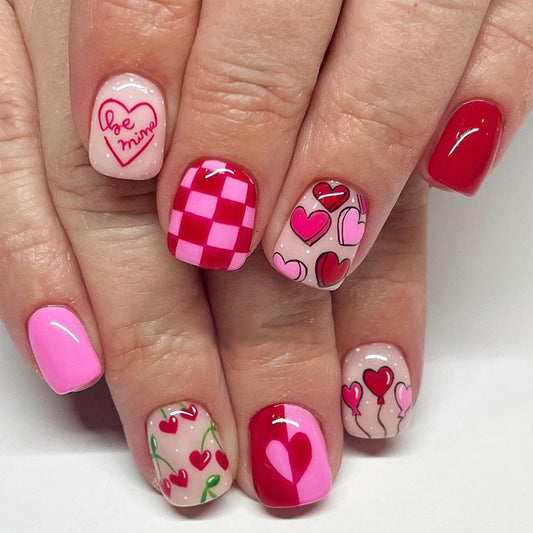 Valentine's Delight Short Square Pink and Red Press On Nail Set with Heart and Checkered Designs