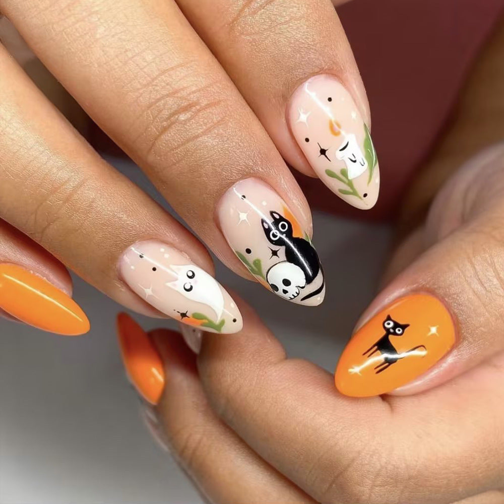 Whimsical Autumn Cat Theme Long Almond Orange Press On Nail Set with Adorable Halloween Designs