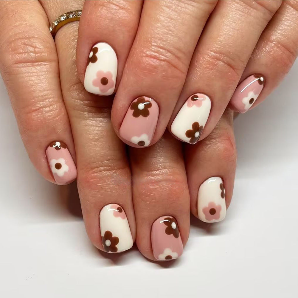 Floral Bliss Short Square Pink and White Press On Nail Set with Charming Flower Accents