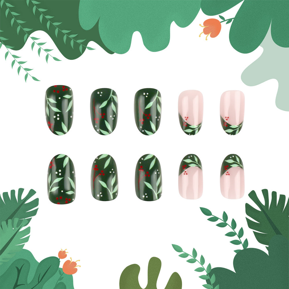 Tropical Oasis Long Almond Dark Green Press On Nail Set with Floral Design