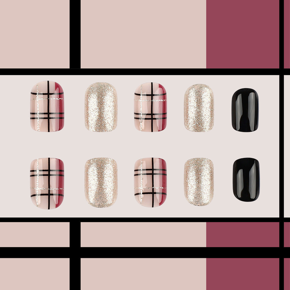 Chic Elegance Short Oval Glitter Gold Pink Plaid Press On Nail Set with Glossy Black Accent