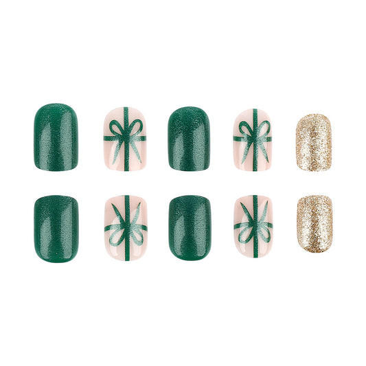 Festive Elegance Short Square Dark Green and Beige Press On Nail Set with Glittery Gold Accents and Bow Designs