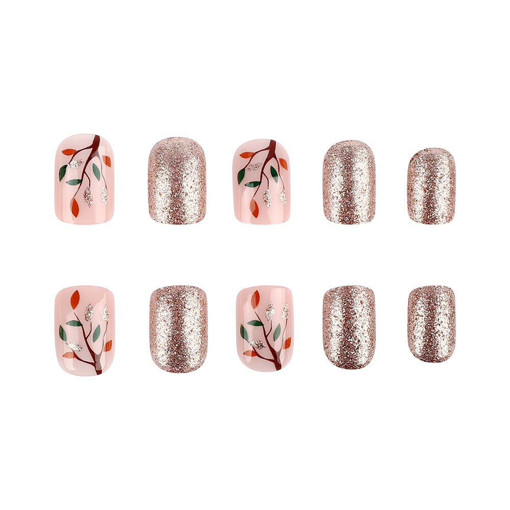 Autumn Elegance Short Oval Light Pink Glitter and Leaf Design Press On Nail Set