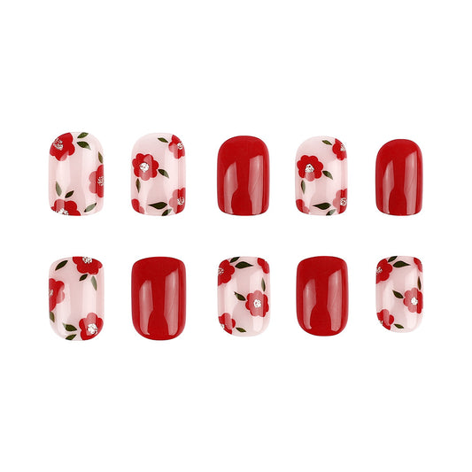 Floral Harmony Short Square Red and Pink Press On Nail Set with Charming Flower Design