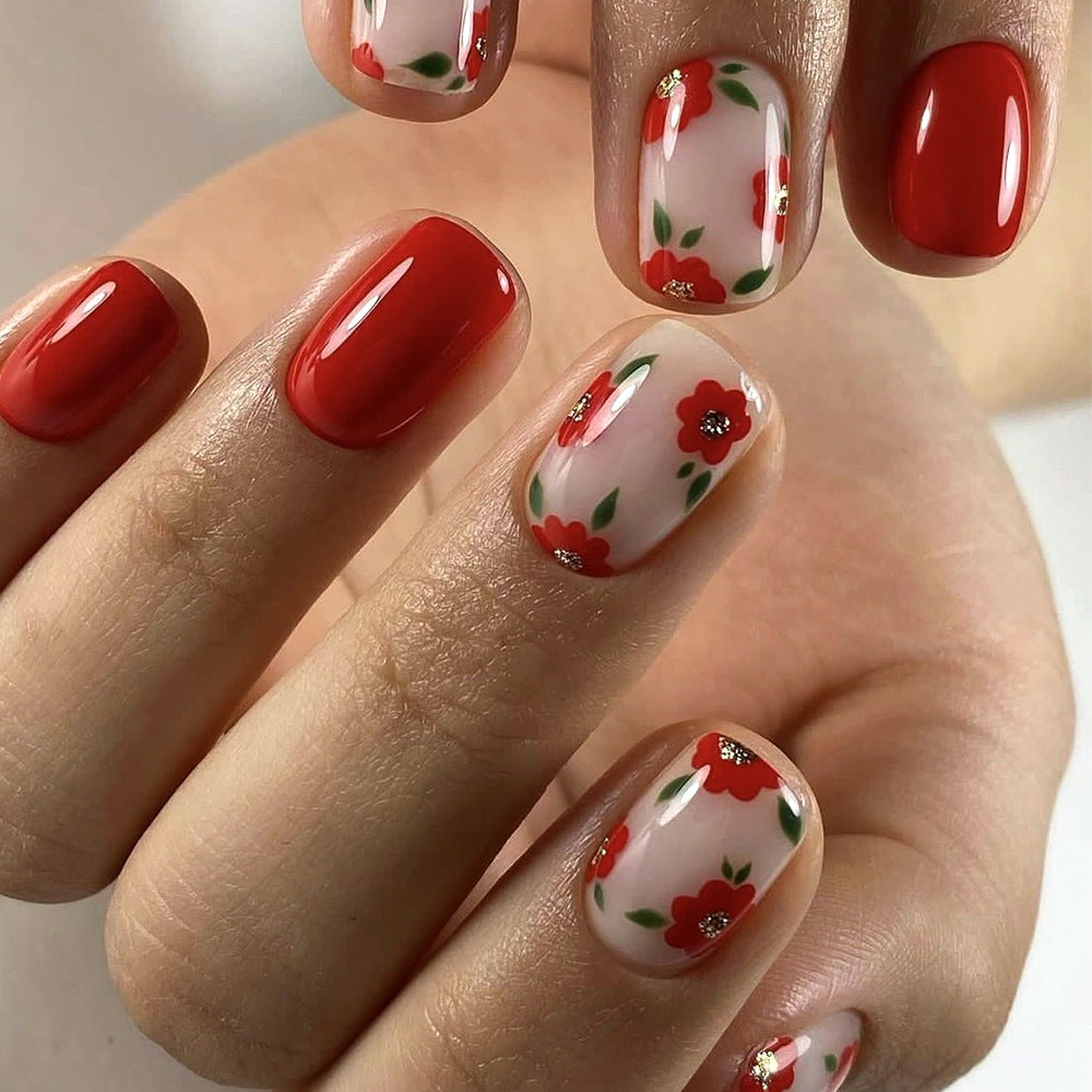 Blooms in Bloom Press On Nail Set Short Square Red with Floral Design and Glitter Accents