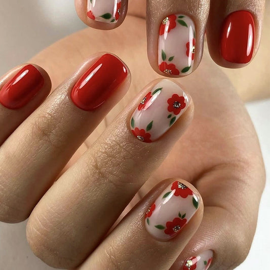 Blooms in Bloom Press On Nail Set Short Square Red with Floral Design and Glitter Accents