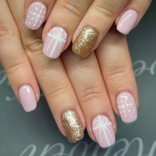 Holiday Glam Medium Square Pink and Gold Glitter Press On Nail Set with Festive Gift Bow Designs