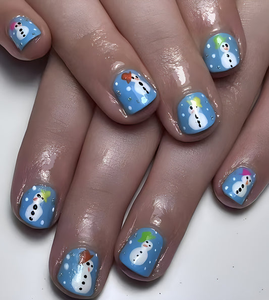 Winter Wonderland Short Square Blue Snowman Press On Nail Set with Glitter Accents